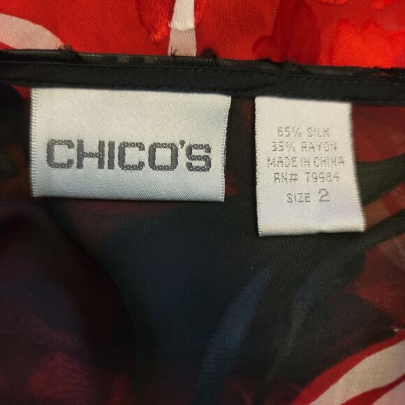 Chico's Semi Sheer Silk Blend Floral Leaf Black Red Pink Blouse Top 2/M - Picture 4 of 5